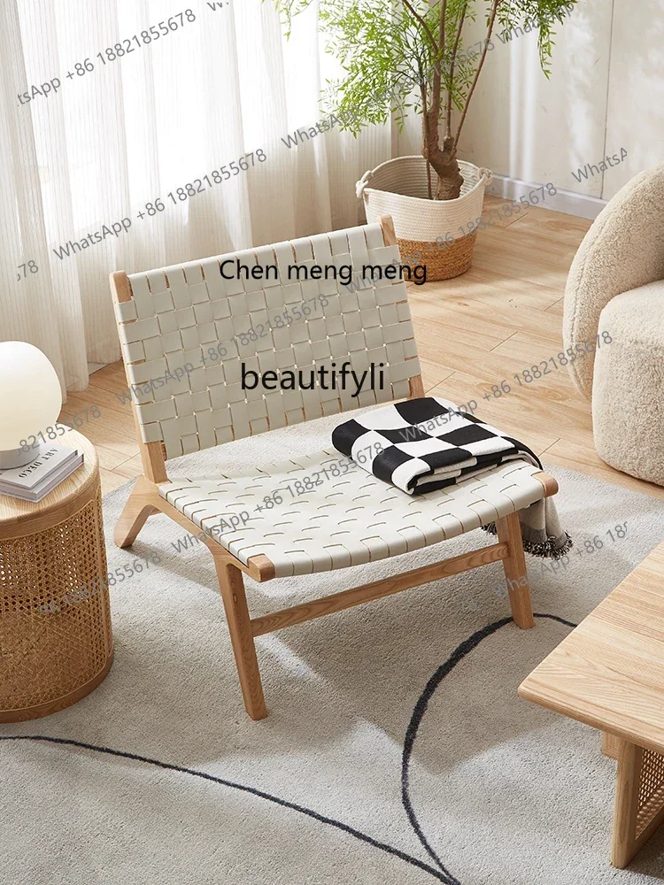 

K185 Nordic Saddle Leather Wooden Recliner Balcony Home Leisure Single Living Room Couch Small Apartment