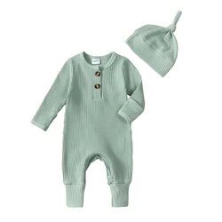 Newborn Baby Boy 2 Pieces Outfits Solid Color Ribbed Long Sleeve Romper with Hat for Infant Spring Autumn Clothes