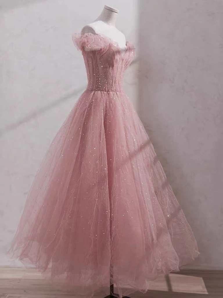 Luxury Pink Evening Dresses Off Shoulder Vintage Shiny Sequin Tulle Ruffle Sweetheart A Line Host Bridesmaid Prom Party Gowns