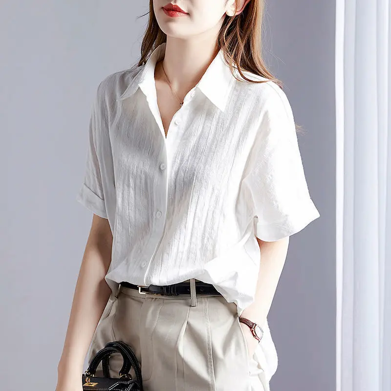 

Cotton White Shirt Women's Short Sleeve 2023 Summer Thin Loose Fashion Design Top