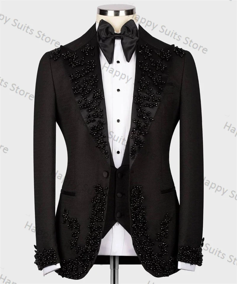 Black Crystals Men Suit Set 2 Pieces Black Blazer+Pant Formal Work Office Male Cotton Jacket Coat Trousers Prom Wedding Tuxedos