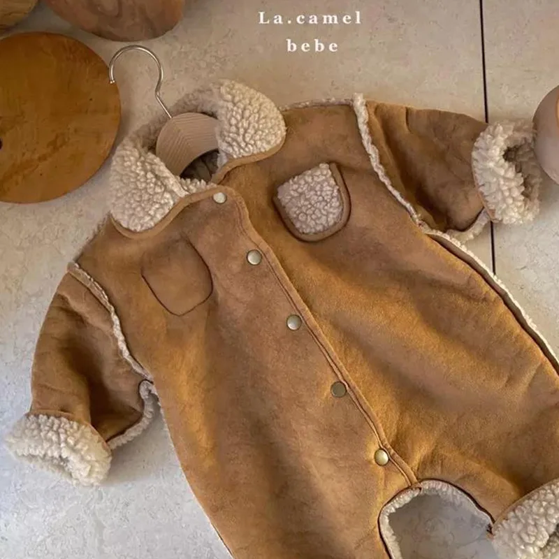 2026 Winter New Baby Long Sleeve Warm Plush Romper Plus Velvet Thick Toddler Boy Girl Lapel Jumpsuit Newborn Infant Clothes
