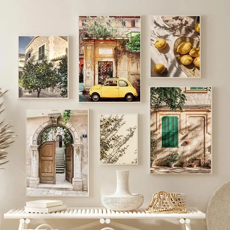 Autumn Italian Town Garden Landscape Wall Art Lemon Harvest Poster Cars and Plants Canvas Painting Home Living Room Decoratio