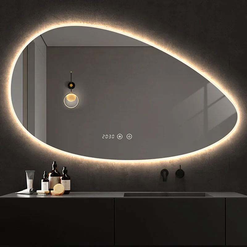 

Nordic Modern Bathroom Mirror Led Lights Wall Mounted Shower Fogless Bathroom Mirror Vanity Irregular Espelho Home Accessories