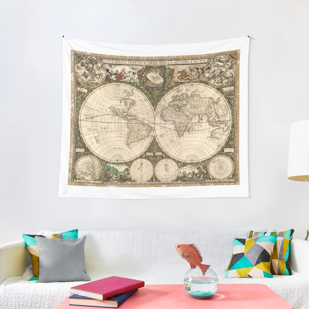 Vintage Map of The World (1660) Tapestry Wall Deco Room Ornaments Tapestry