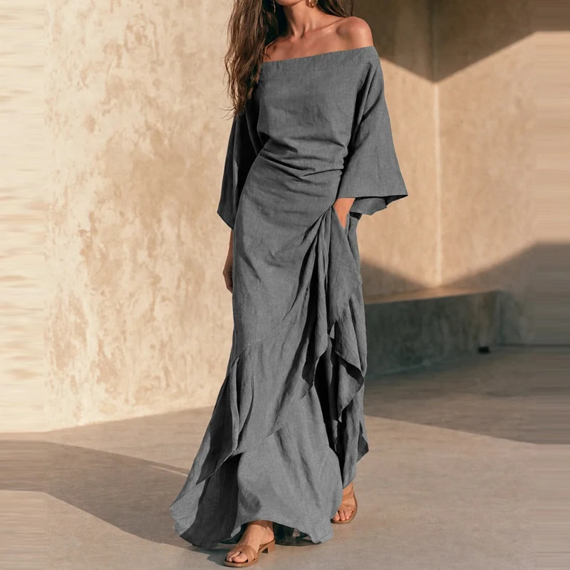 Fashion Solid Off Shoulder Flared Sleeve Dress Elegant Ruffle Edge Split Vacation Dress Temperament One Line Neck Backless Dress
