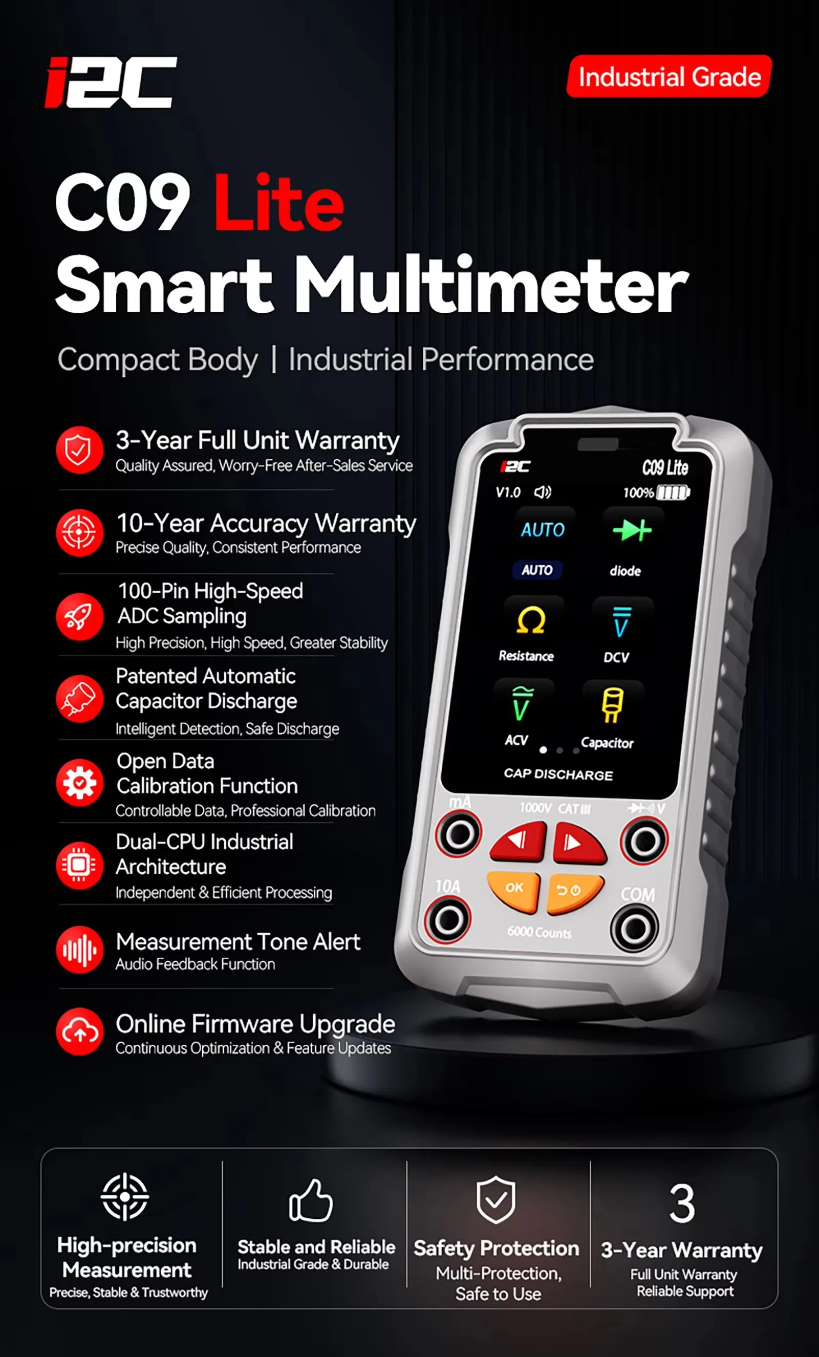 I2C C09 Lite Auto‑Range Digital Multimeter 500V CAT III NCV Capacitor Tester Type‑C Rechargeable Electric Repair Hand Tool
