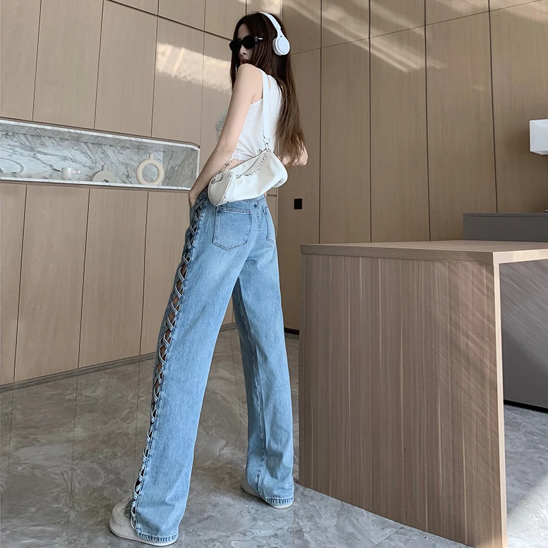 Fashion Braid Hollow Out Women Jeans High Waist Straight Denim Pants Spring Summer Casual Wide Leg Trousers Streetwear