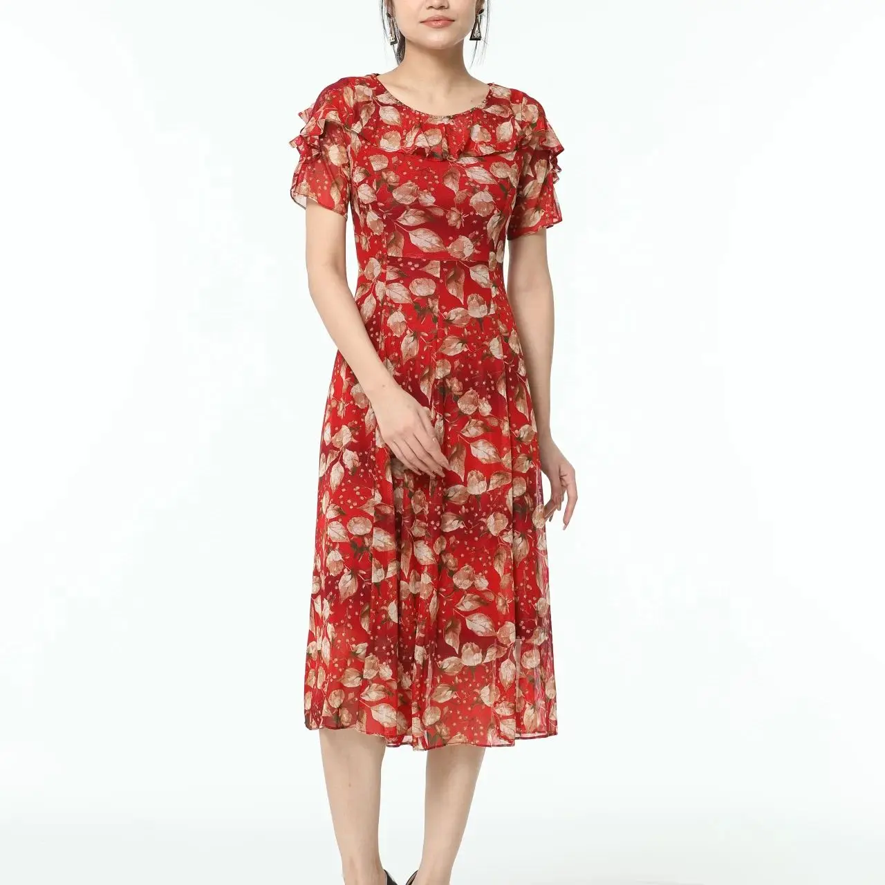 【Ximphony Select】Luxury Elegant Smart O-neck Detail Short Sleeves Rose Print Red Silk-Feeling Dress for Women Summer Fall