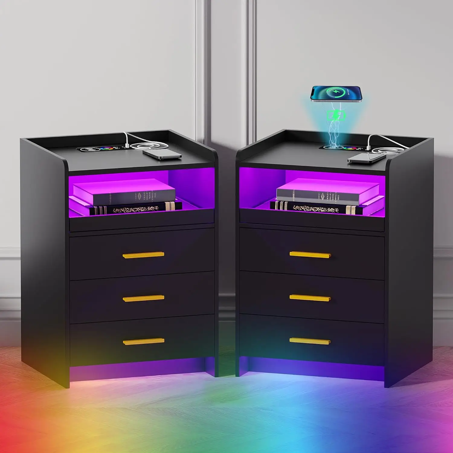 2 Set RGB Nightstand with Wireless Charging Station and USB Ports Auto Sensor LED 24 Color Dimmable for Bedroom Furniture