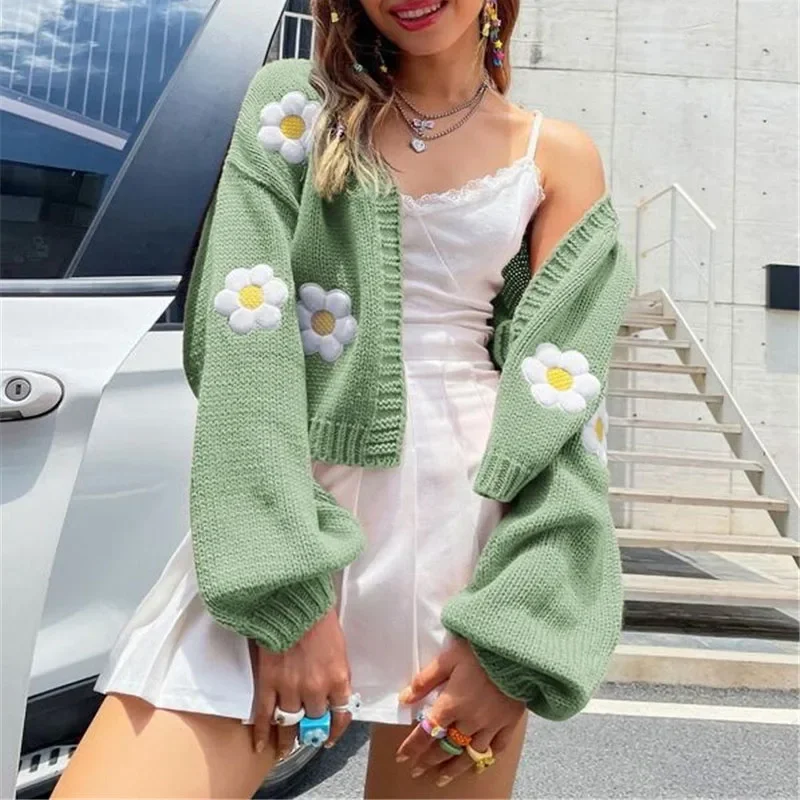 Autumn Winter Women Knitted Cardigan Flower Embroidery Sweaters Ladies Lantern Sleeve Short Coats Female Casual Loose Outerwear