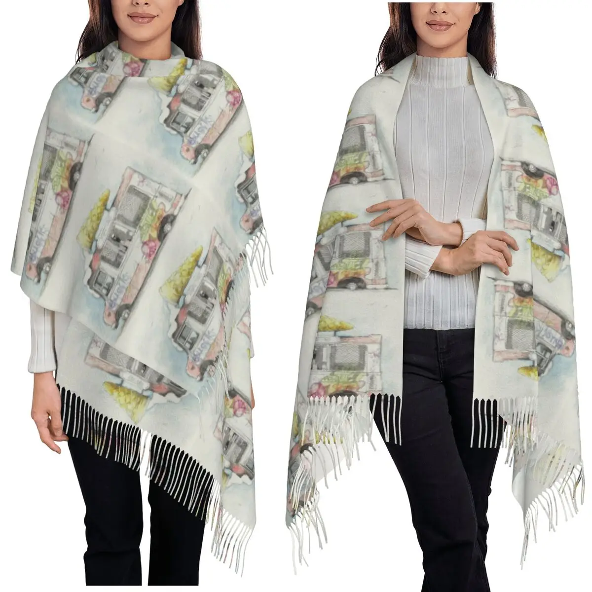 

Banksy Street Pop Art Рисунок Мороженое Вагон Шарф Шарфы с кисточками для женщин Теплые шали и накидки Длинная осенне-зимняя шаль