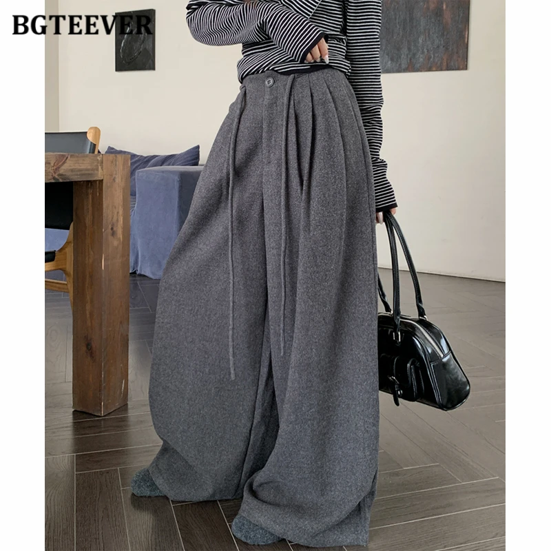 BGTEEVER Casual Loose Pockets Women Woolen Trousers Autumn Winter High Waist Lace-up Ladies Wide Leg Pants