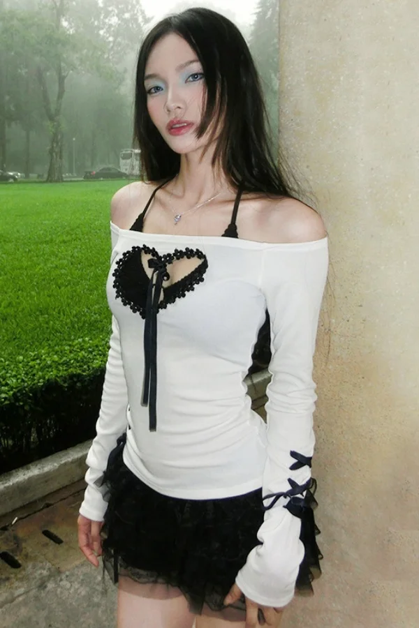 

​​Off Shoulder Lace Hearts Trim Color Block Knit Top Long Sleeve Sexy Slim Fit​​