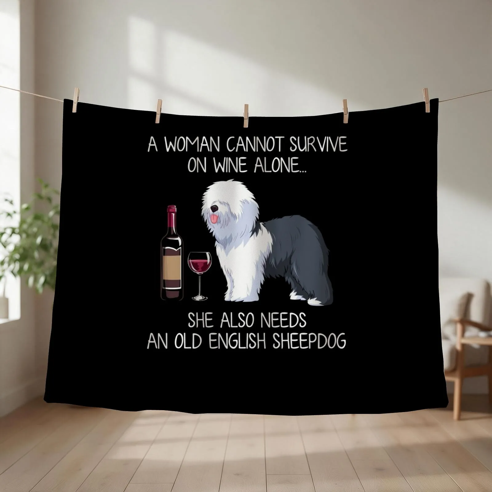 Old English Sheepdog and wine Funny dog Throw Blanket For Decorative Sofa Flannel Comforter Plush Blankets