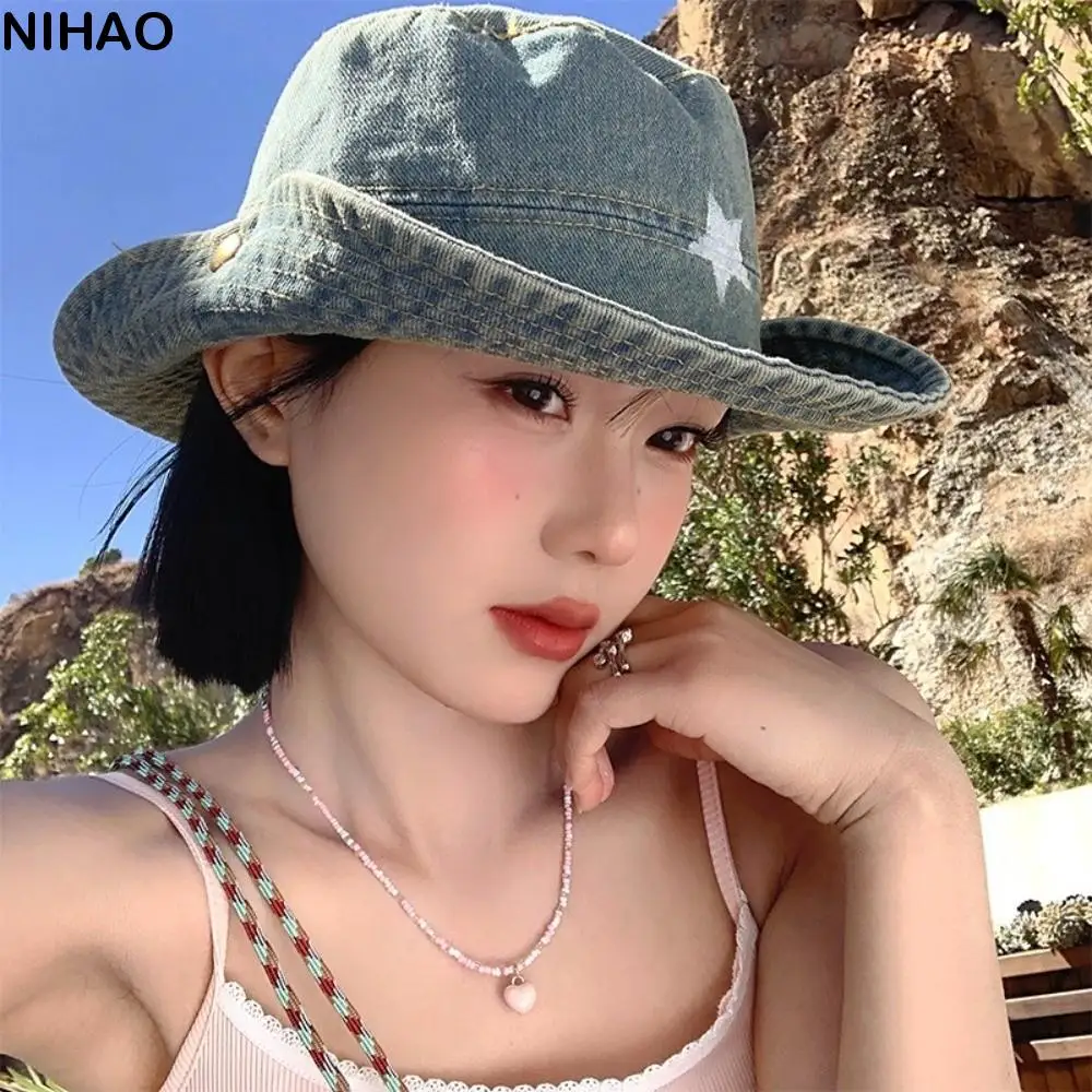 

Fashion Denim Star Fisherman Hat Wide Brim Y2K Outdoor Sun Hat Sunshade Adjustable Western Cowboy Hat Fishing