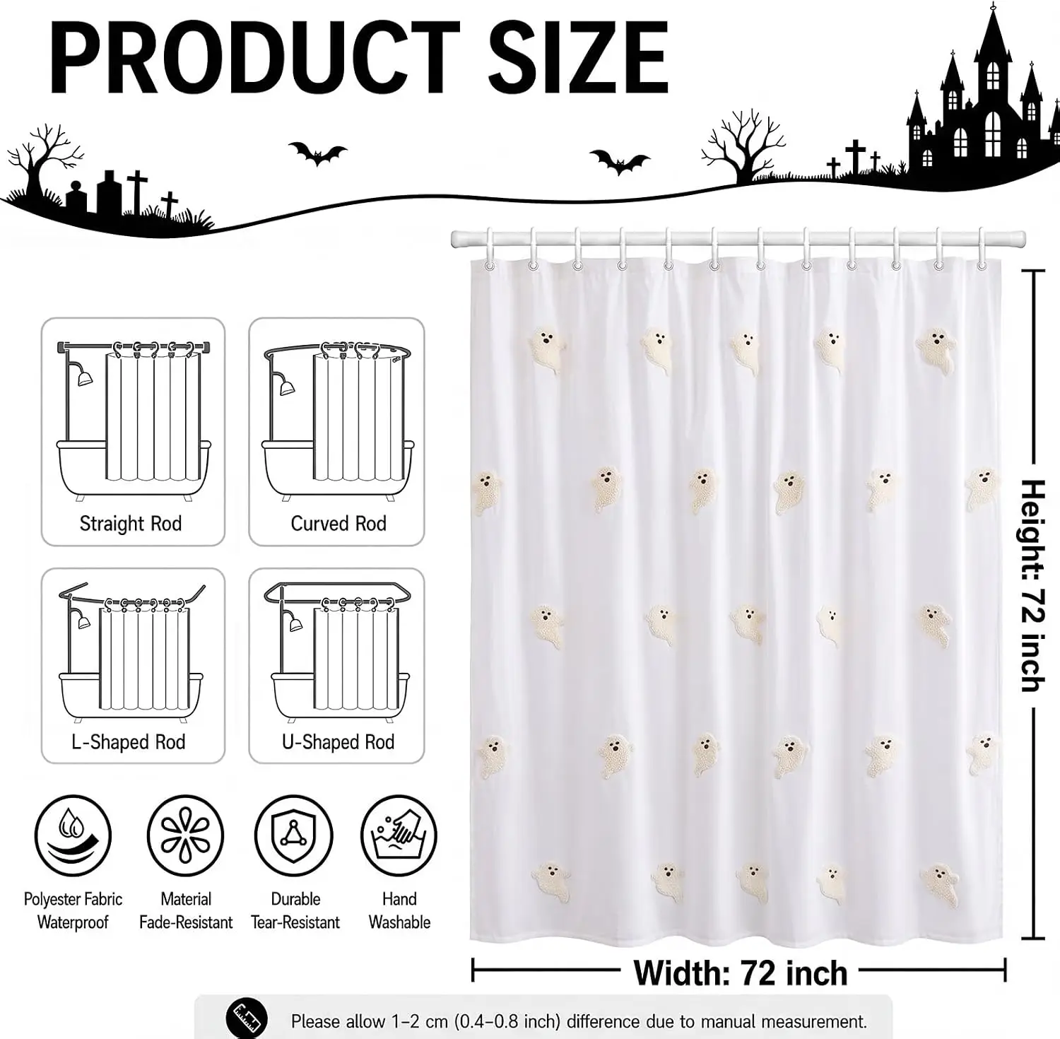 Halloween Ghost Shower Curtain Waterproof Bath Liner Spooky Decor Cute Novelty Costume Accessories Bat Skeleton