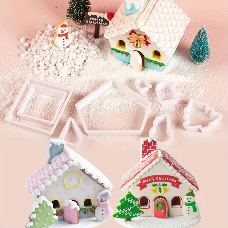 3D Christmas Gingerbread House Mould Plastic Cookie Cutter Set DIY Biscuit Mold Pastry Cake Stamp Baking Tools Accessories