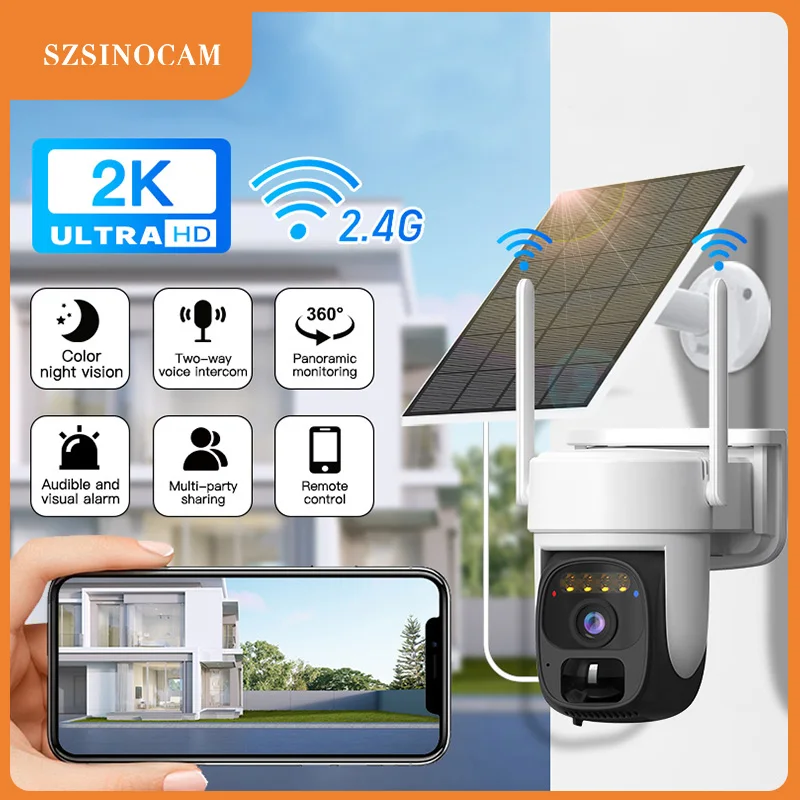 

Беспроводная солнечная камера SZSINOCAM с одним объективом, Wi-Fi, панорамированием и наклоном, для наружного видеонаблюдения со встроенным аккумулятором