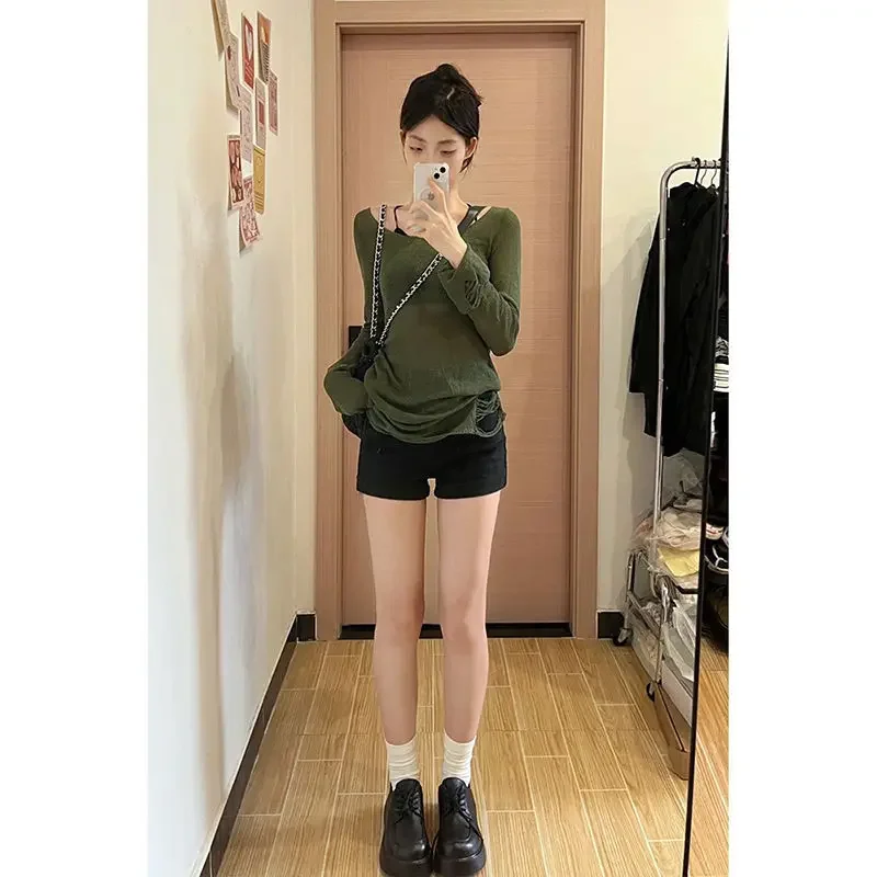 Deeptown Y2k Vintage Green Sweater Women Kpop Gyaru Knitted Jumper Korean Fashion Slim Sexy Knitwear Distressed Grunge Pullover