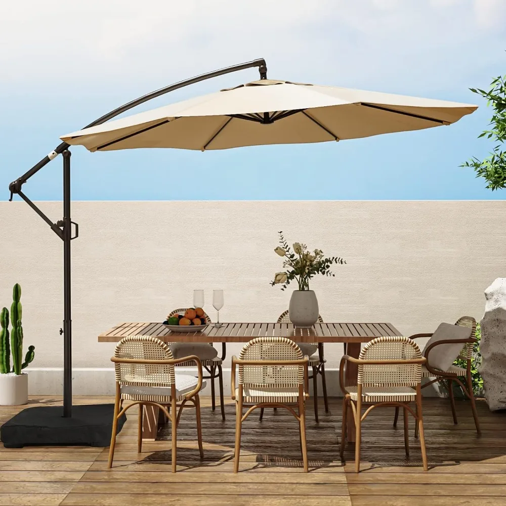 Infinite tilt umbrella rack, 10 foot terrace umbrella with base, including crank and cross base,