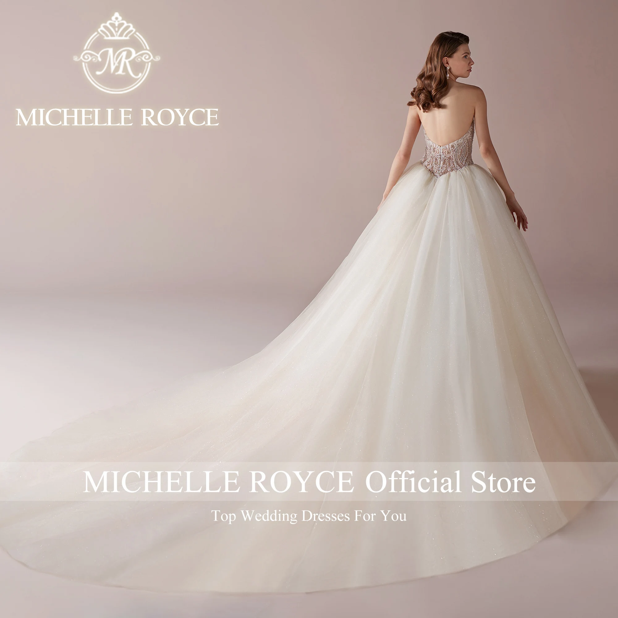 Michelle Royce ชุดเดรสชุดราตรีงานแต่งแฟชั่นใหม่2023ชุดเจ้าสาวหวานแขนกุดผ้าปะติดชุดแชมเปญ