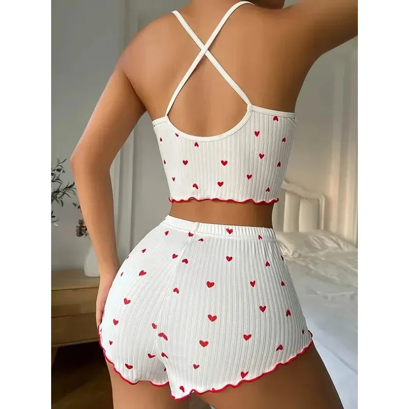 Sleepwear Women Pajamas Set Heart Print Soft Ribbed Fabric with Flirty Frill Trim Casual Cami Top and Shorts Sets Loungewear