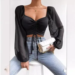 Woman Fashion Spliced Chiffon Puff Sleeve Sexy Tops Close-Fitting Summer Lace up V-neck Solid Color Simple  Woman’s Tops