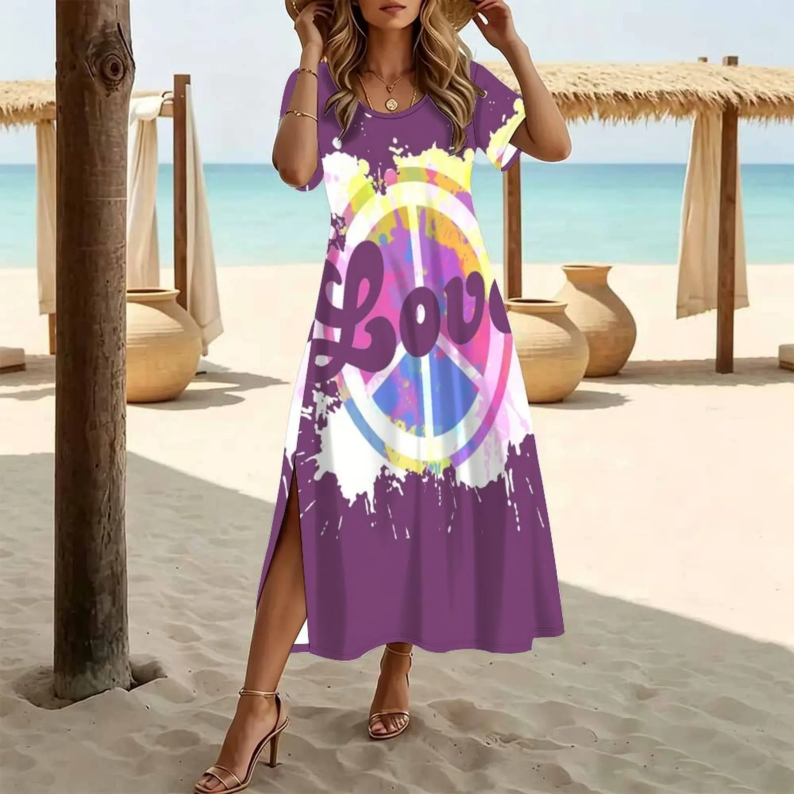 Vestido largo con abertura, de manga corta y cuello redondo, con estampado de salpicaduras de pintura, estilo retro hippie, para mujer, con motivos de paz y amor.