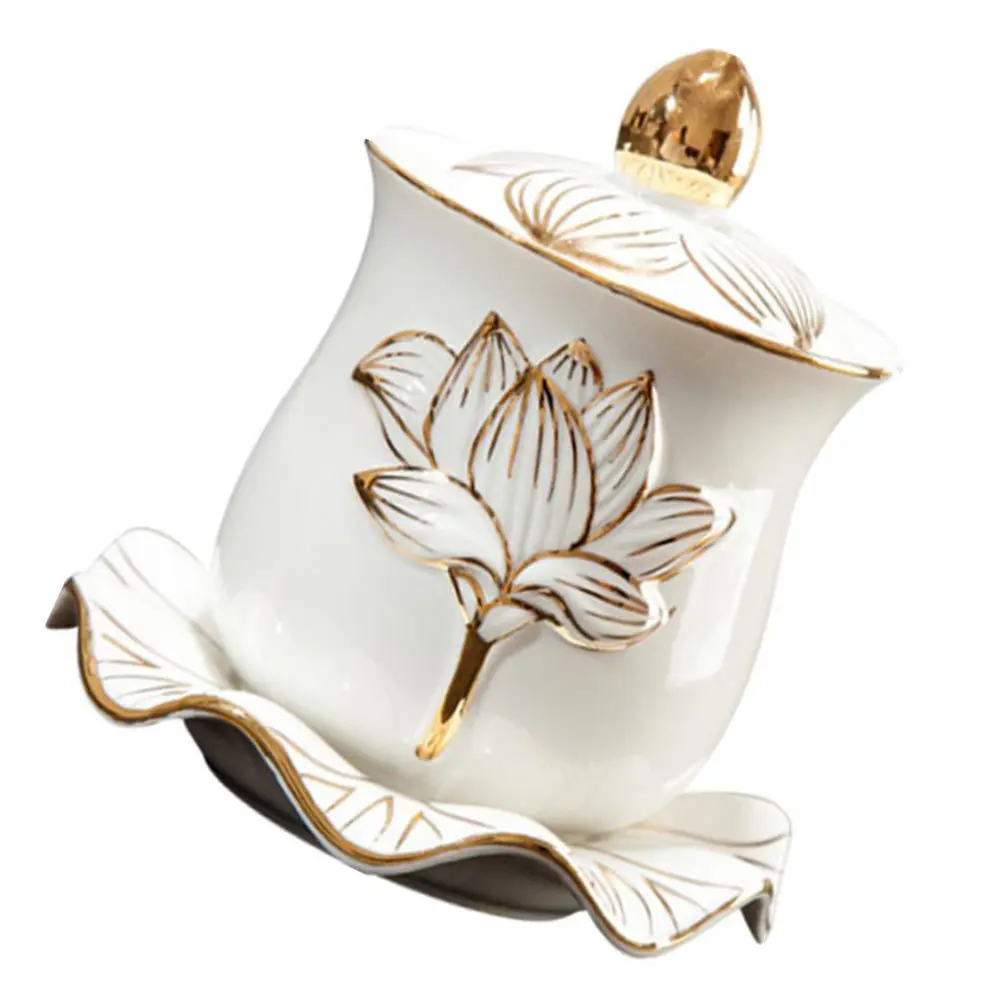 1Set Relief Porcelain Lotus Flower Water Cup Buddhist Temple Ceremony Ritual Bowl for Meditation Yoga Home Altar Decoration