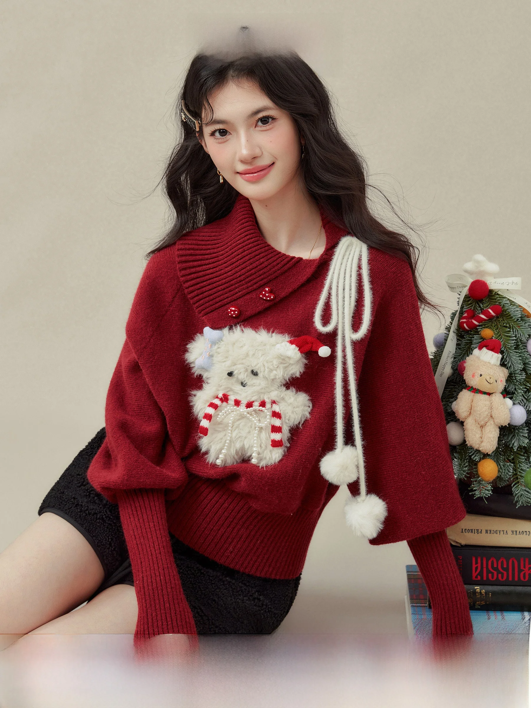 

Cisas Dog Red Knitted Sweater Women's Winter New Year Casual Sle Slim Fit Long Sve Inner Wear Top with Ball