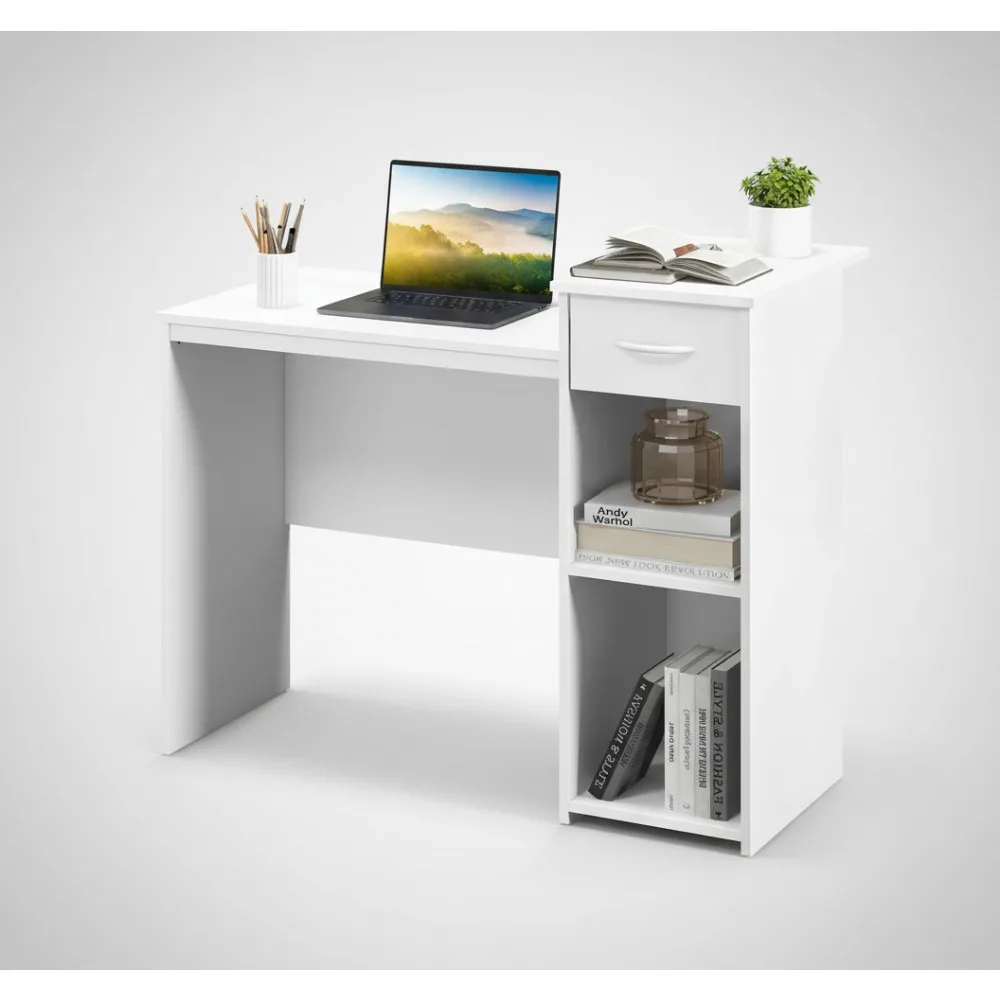 

Modern White Computer Desk with Adjustable Shelf & Drawer, Compact Writing Study Workstation for Home Office