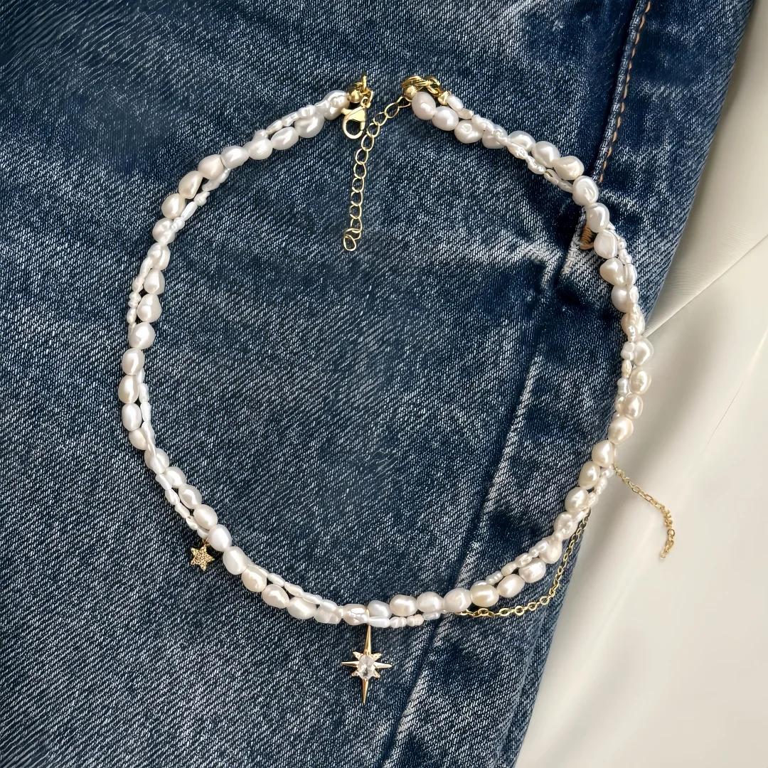 New Elegant Faux Pearls Chain Necklace Star Tassels Neckchain For Fashionable Women Stylish Clavicle Chain
