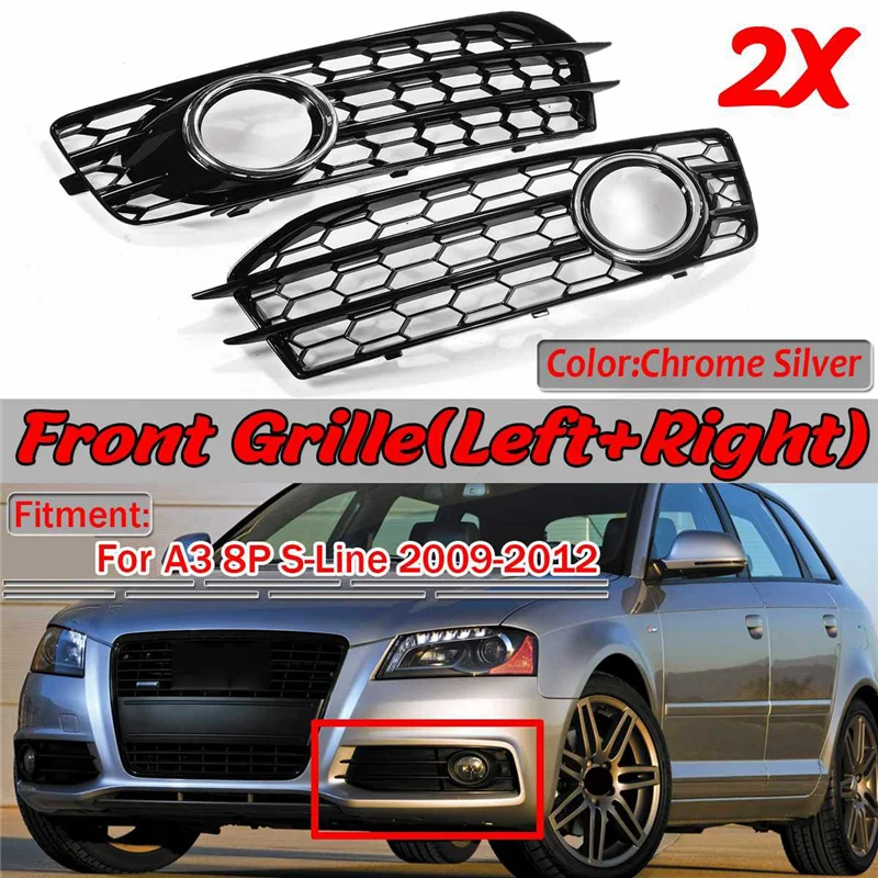 Chrome Car Front Bumper Fog Light Mesh Grille for Audi A3 8P S-Line 2009-2012 Fog Lamp Honeycomb Grille Covers