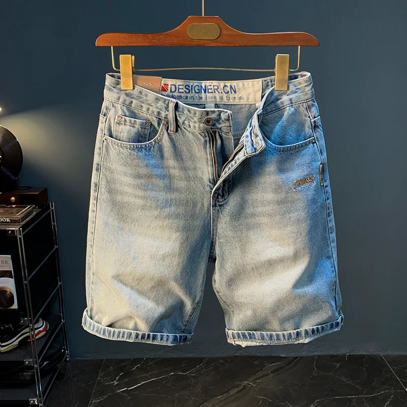 2024new summer casual shorts men's plus size light color fifth jeans trendy embroidery high-end straight short pants