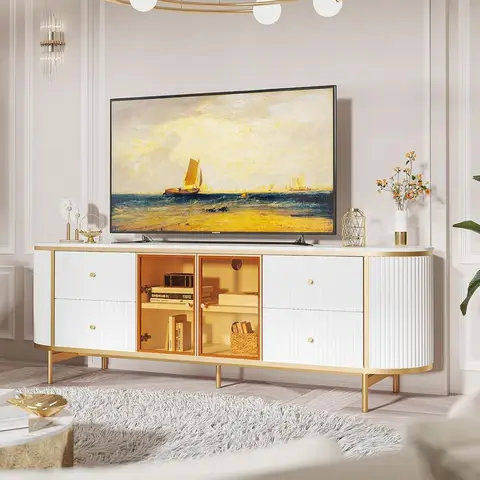 Luxury 70" Fluted TV Stand for TVs Up to 75", Modern Entertainment Center with Faux Marble Top, Media Console with Curved