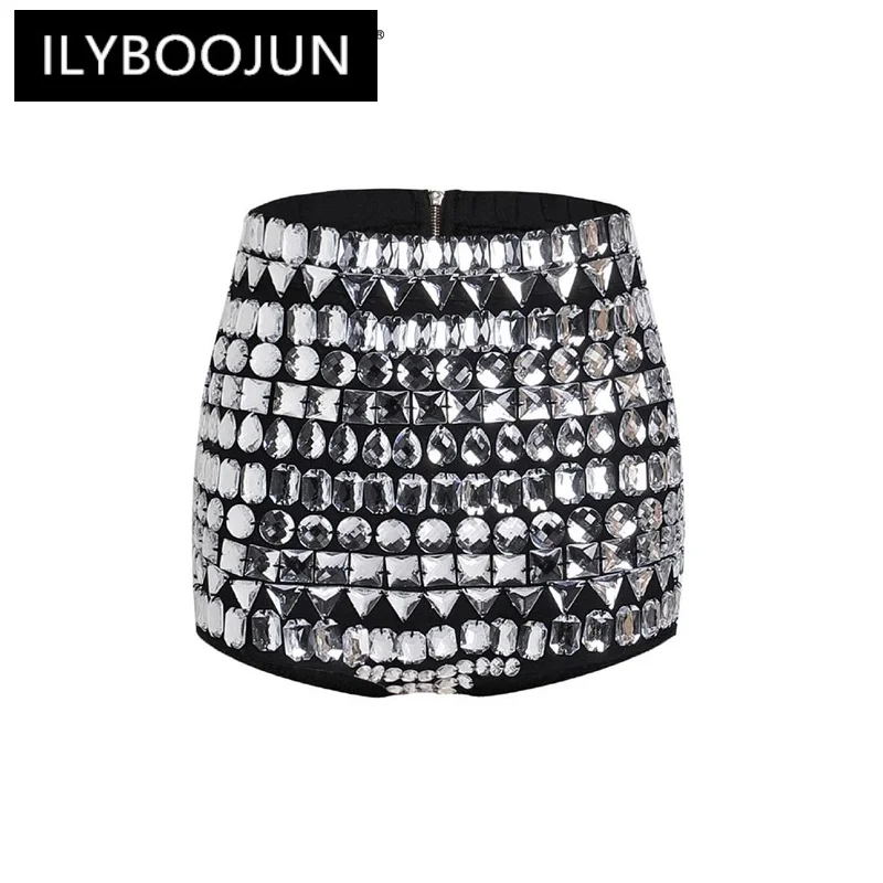 

ILYBOOJUN Sexy Slimming Shorts For Women High Waist Patchwork Diomands Spliced Zipper Chic Short Pants Female Fashion Clothes