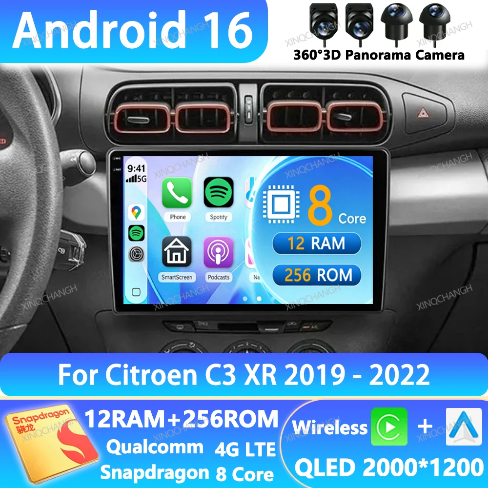 Android 16 Car Radio  For Citroen C3 XR 2019 2020 2021 2022 Qualcomm 2DIN QLED Navigation BT Head Unit GPS 4G LTE 5G WIFI BT GPS