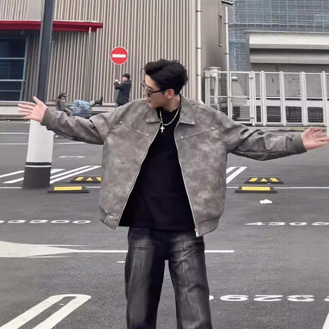 

Мужские повседневные модные простые базовые свободные куртки из искусственной кожи с отложным воротником и длинными рукавами в американском стиле, новые модные мужские пальто