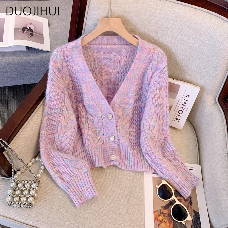 DUOJIHUI Chic V-neck Simple Spell Color Female Cardigan Autumn New Basic Long Sleeve Fashion Casual Knit Sweater Women Cardigan