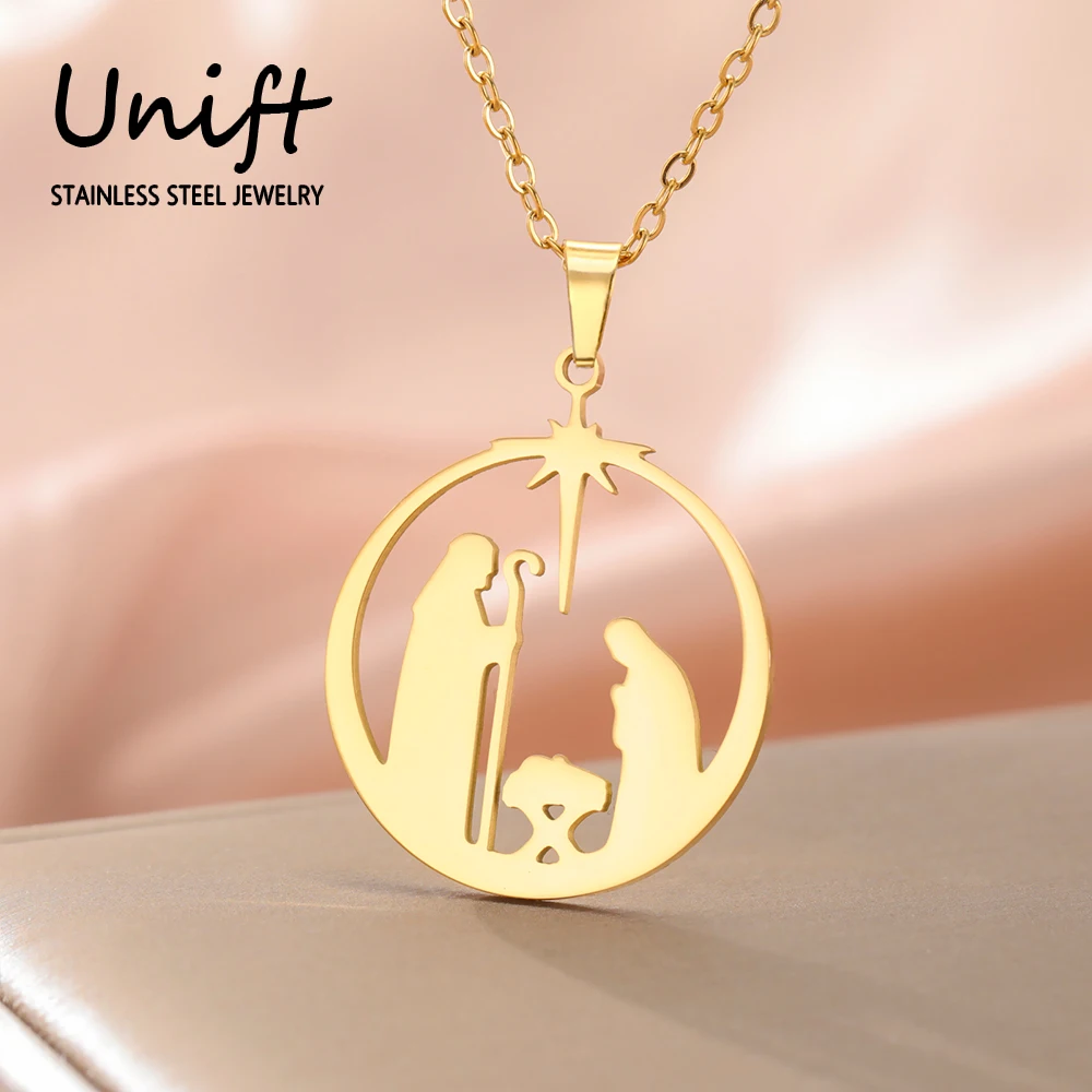 Unift Angel Star Holy Night Jesus Christ Prayer Necklace Family Nativity Christmas Neck Chain Stainless Steel Women Jewelry Gift