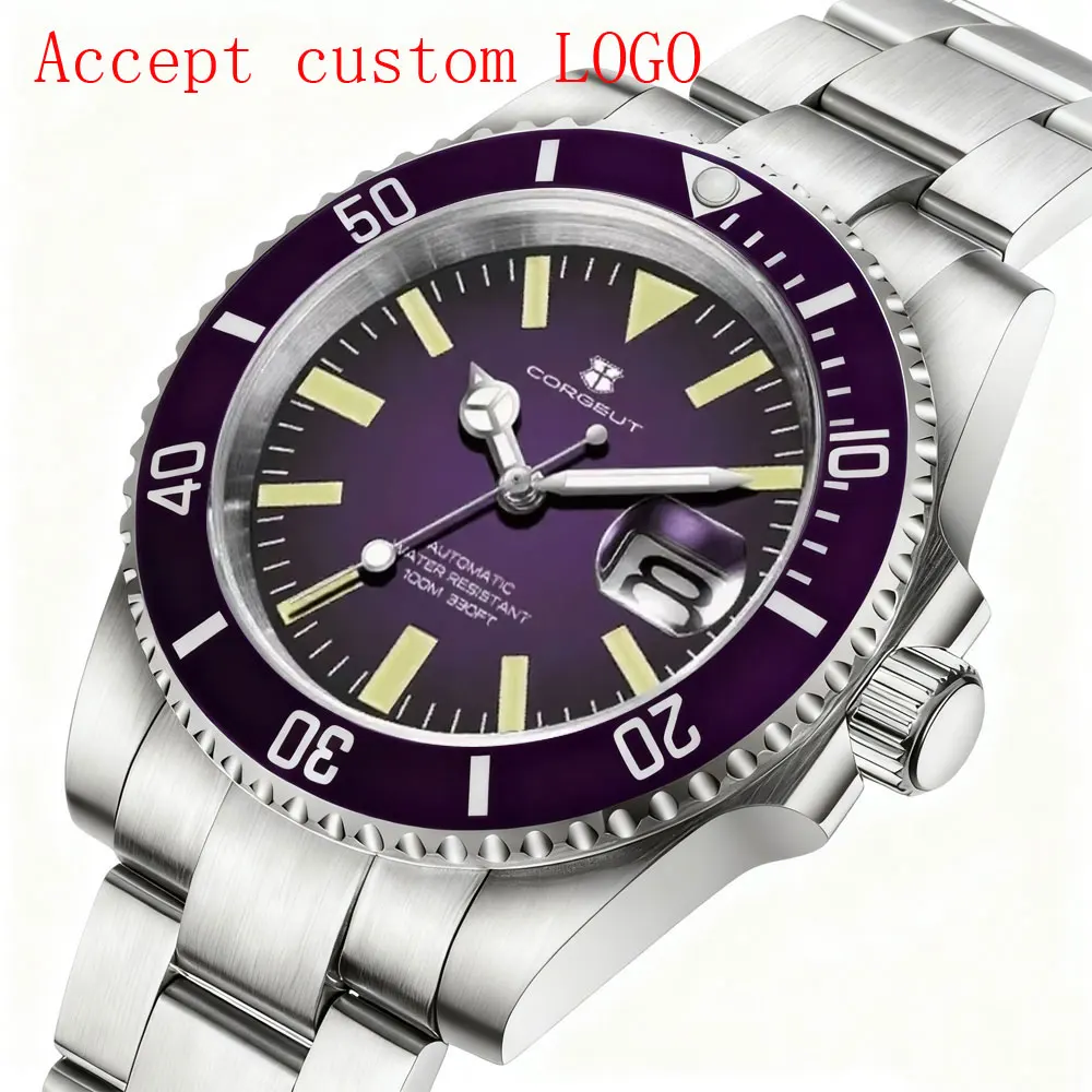 40 مللي متر CORGEUT ساعة للرجل الفاخر التلقائي NH35 ساعات آلية الياقوت مقاوم للماء 100 متر مضيئة شعار مخصص