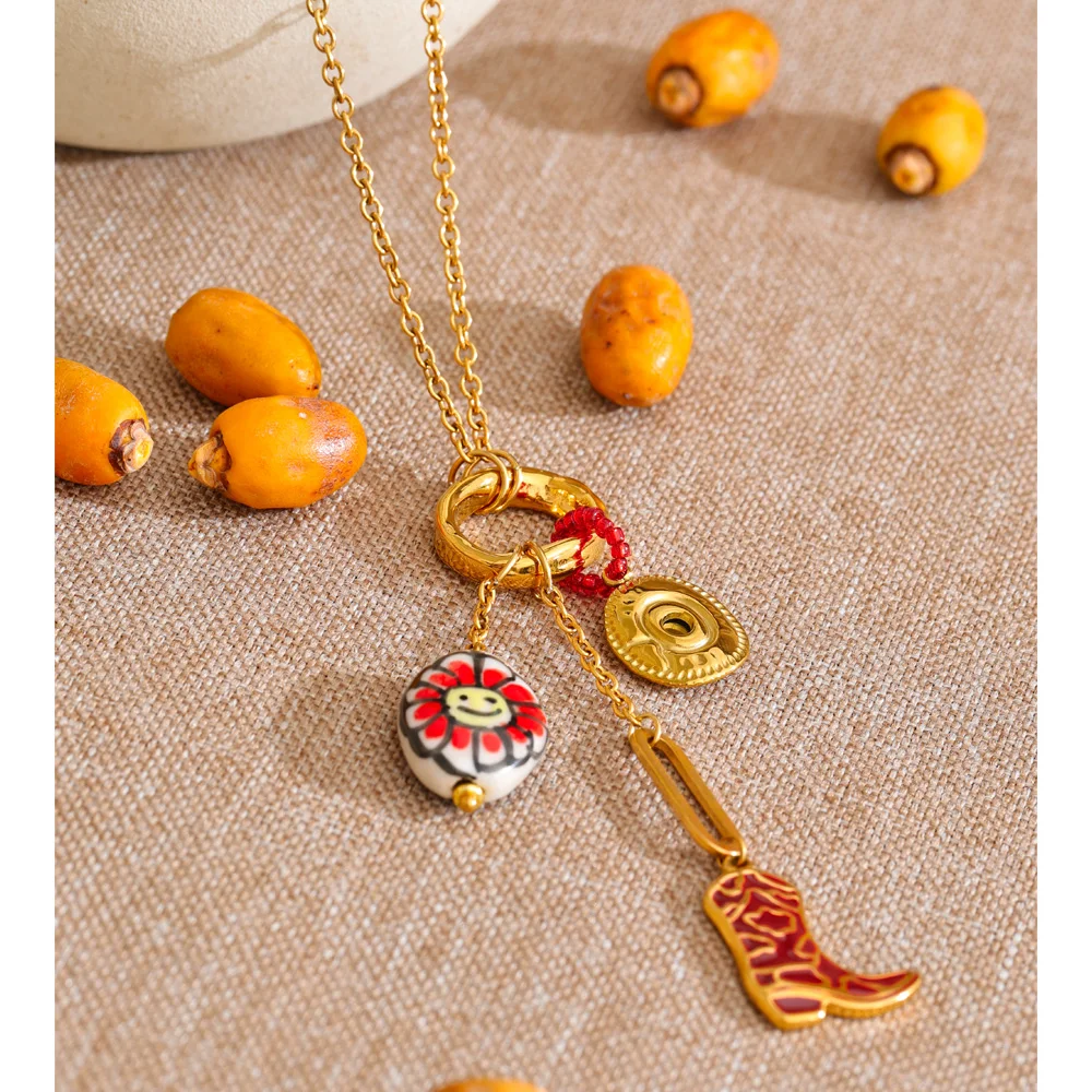 Yhpup 80+5cm Stainless Steel Ceramic Flower Shoes Pendant Long Necklace Stylish Unique Statement Neck Jewelry Handmade Bijoux