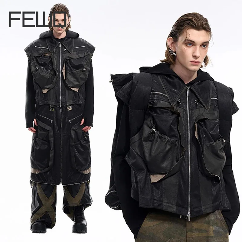 FEWQ Workwear Functional Detachable Men's Vest Multi Pocket Patchwork Leather Mid Length Jacketdarkwear Male Tops 24E5626