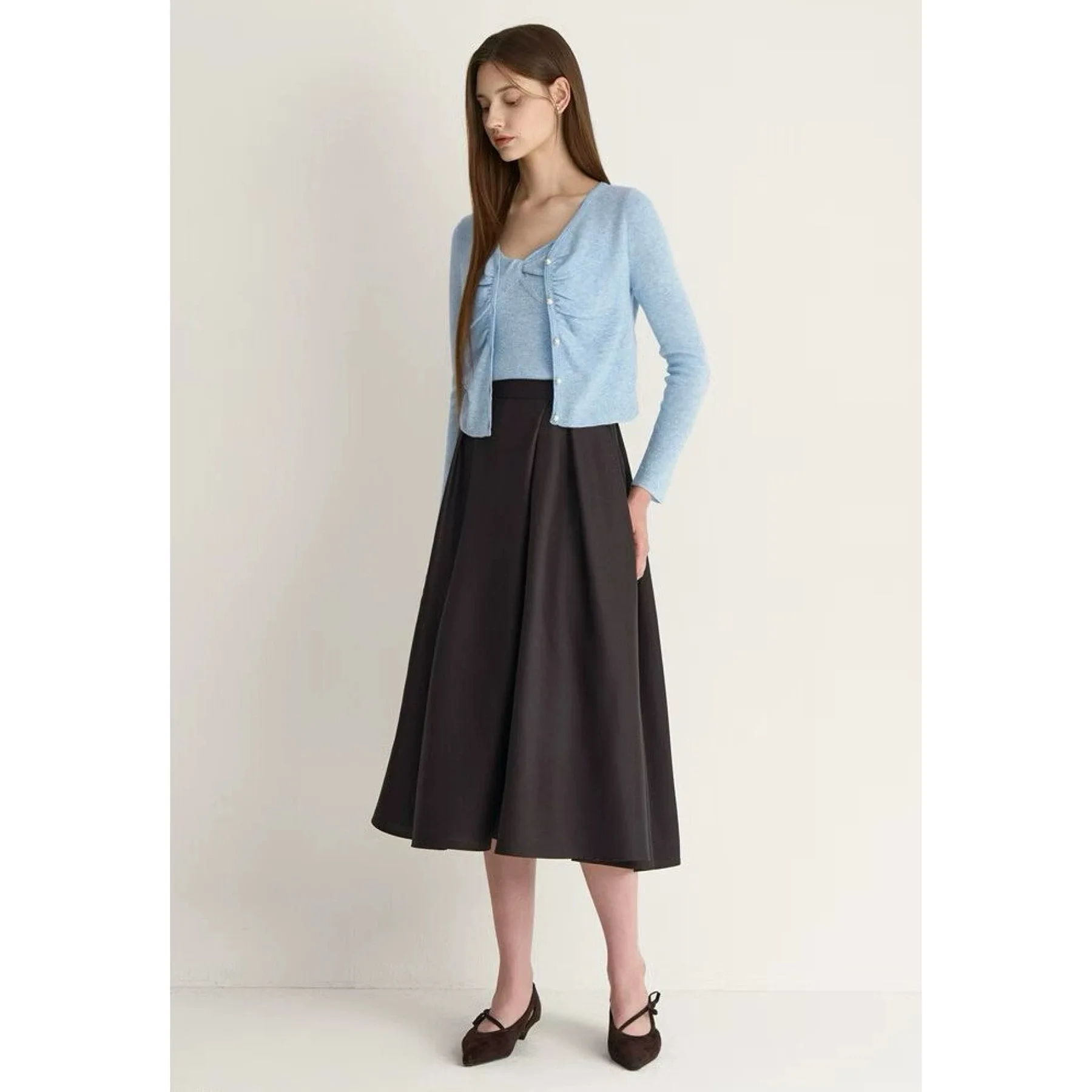 Jupe trapèze taille haute avec décoration de perles, plissée, polyvalente, fromage citron, pour femmes