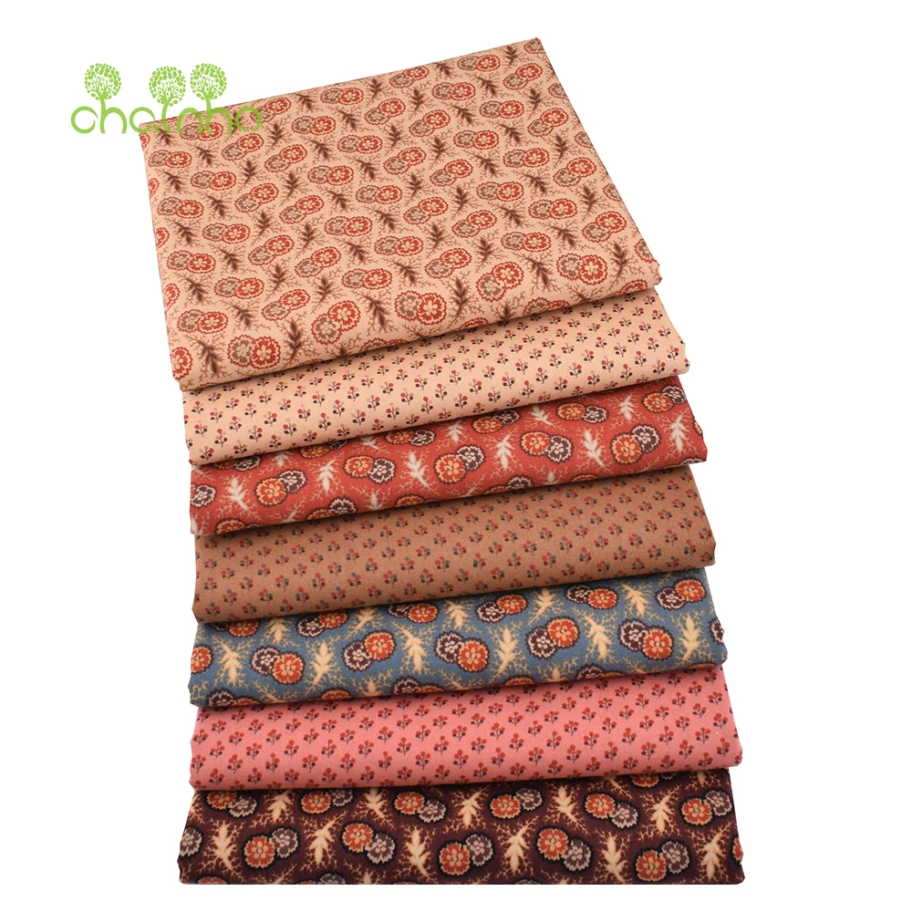 Chainho,Flower Printed Plain Cotton Fabric,Poplin Material For DIY Sewing Quilting Baby Child\'s Shirts,Skirt,Brownish Red Series