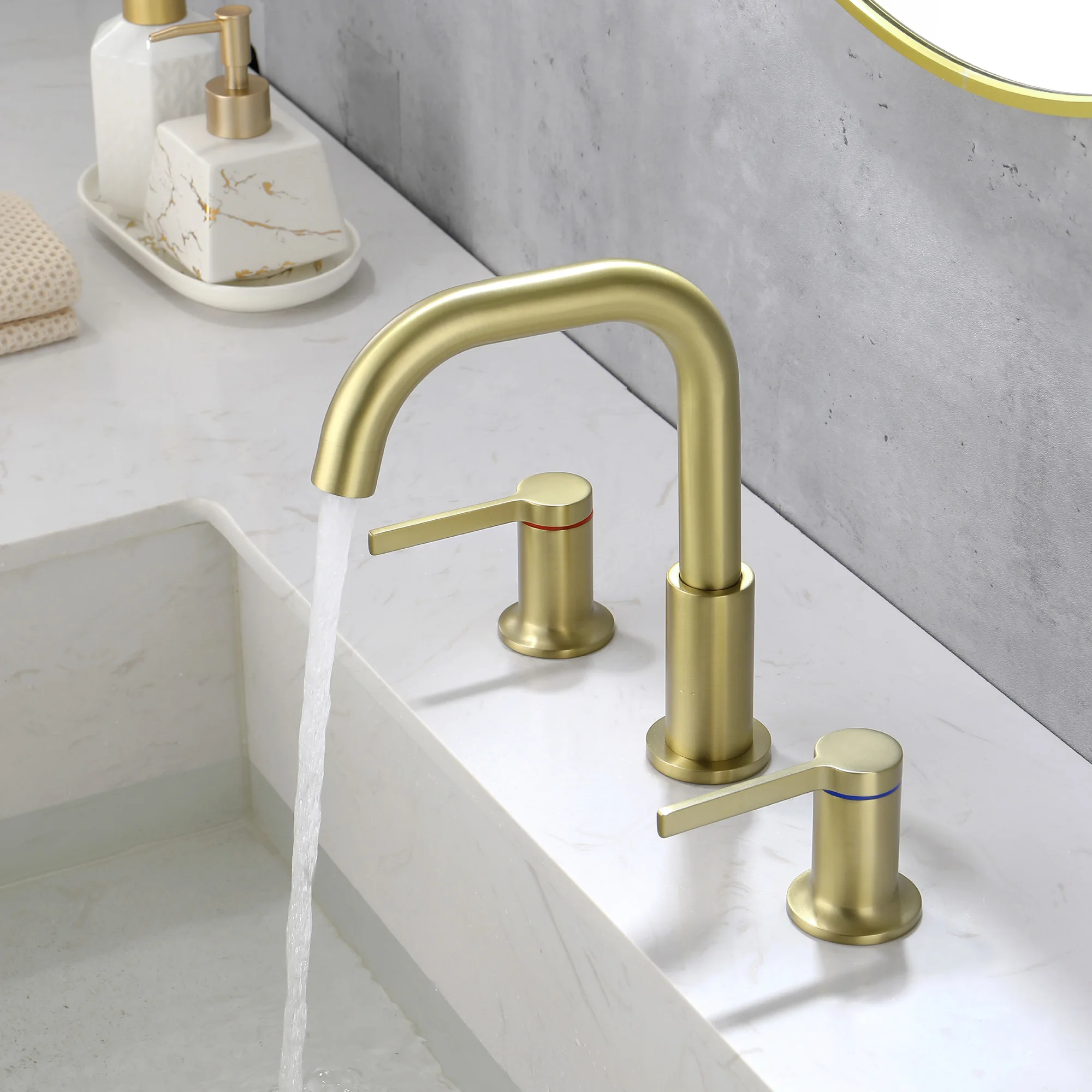 Brushed Gold Bathroom Faucet 3 Holes 2 Handles Lavatory Vanity Sink Faucet Widespread 8 Inch Bathroom Sink Faucet Basin Faucets