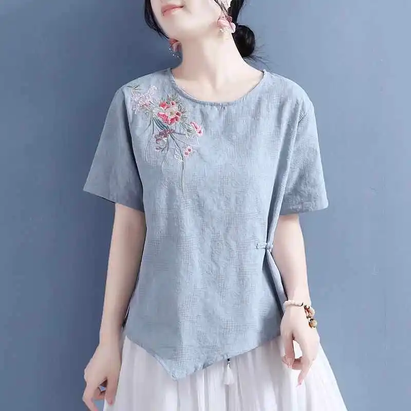 Summer New Chinese Style Retro Frog Button Embroidered Short Sleeve T Shirt Women Linen Cotton Hanfu Top Zen Tea Clothing CN-315