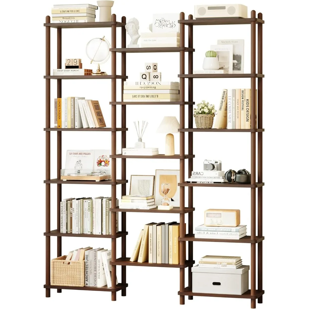 

large 6-shelf solid beech wood triple-wide bookcase - tall freestanding open display rack