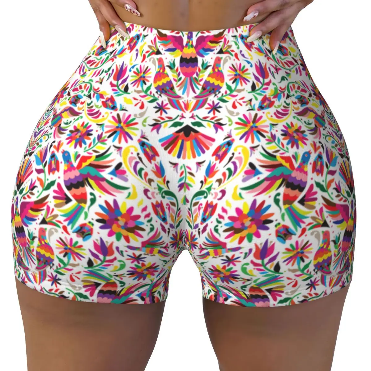 Custom Mexican Flowers Otomi Art Pattern Gym Volleyball Biker Shorts Women's Workout Yoga Shorts